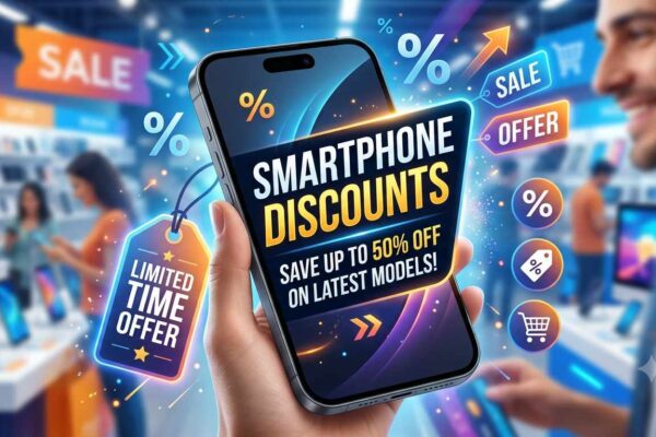 A close-up view of a hand holding a modern smartphone inside a bustling electronics store, displaying a large banner that highlights Smartphone Discounts with up to 50% off on latest models amidst glowing sale tags and percentage symbols