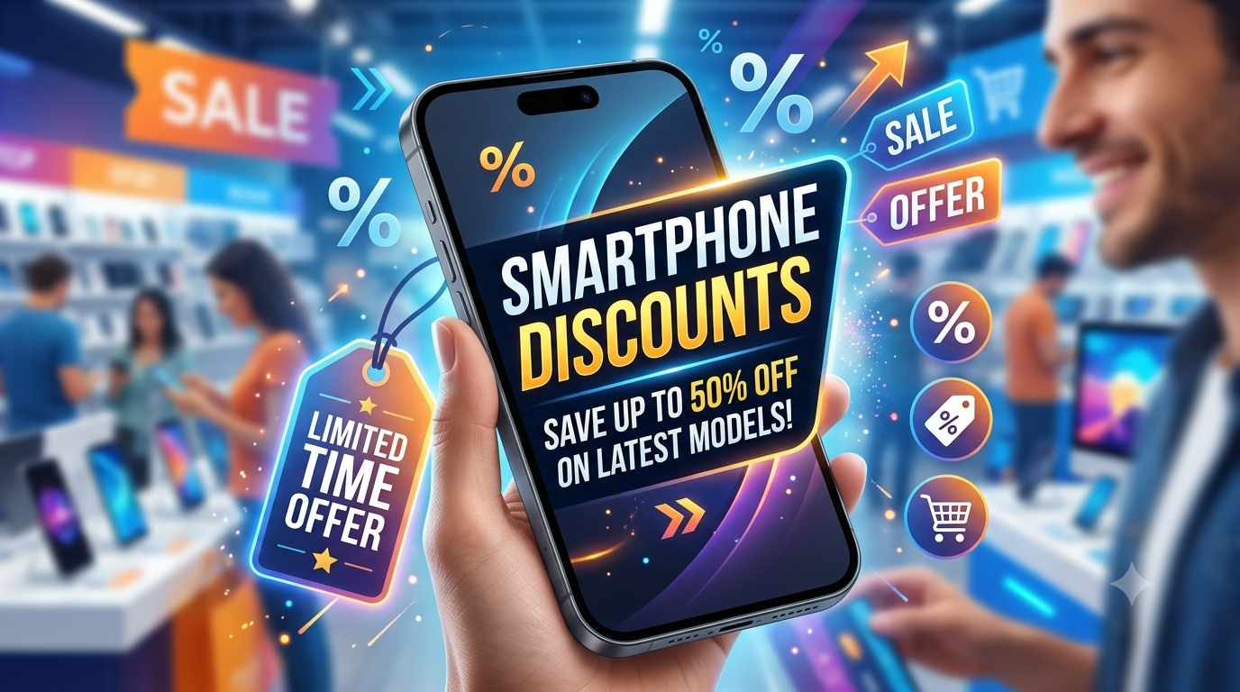 A close-up view of a hand holding a modern smartphone inside a bustling electronics store, displaying a large banner that highlights Smartphone Discounts with up to 50% off on latest models amidst glowing sale tags and percentage symbols