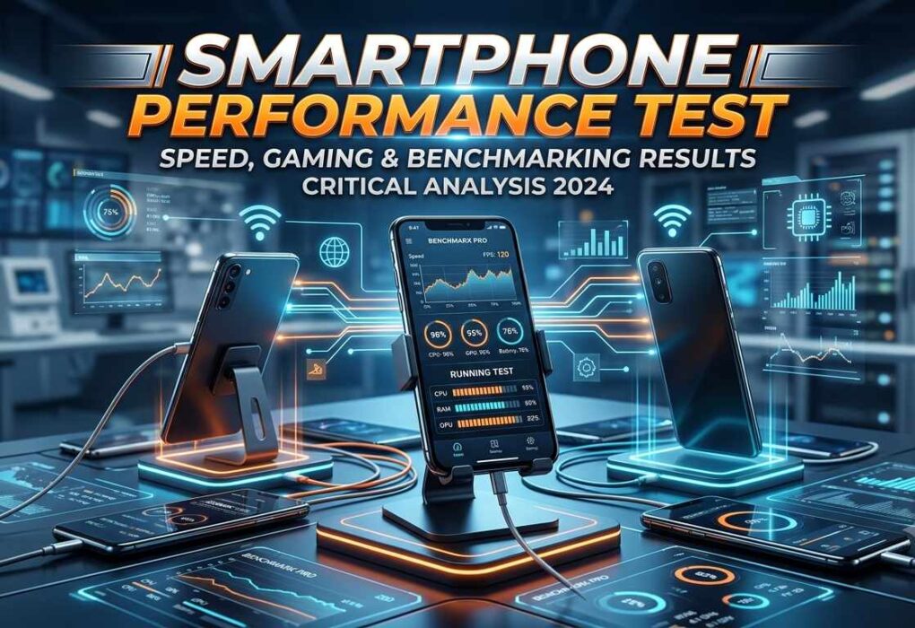 Graphic banner for a Smartphone Performance Test showing smartphones undergo speed, gaming, and benchmarking analysis in a futuristic lab