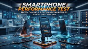 Graphic banner for a Smartphone Performance Test showing smartphones undergo speed, gaming, and benchmarking analysis in a futuristic lab