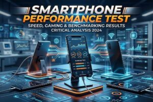 Graphic banner for a Smartphone Performance Test showing smartphones undergo speed, gaming, and benchmarking analysis in a futuristic lab