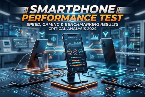 Graphic banner for a Smartphone Performance Test showing smartphones undergo speed, gaming, and benchmarking analysis in a futuristic lab