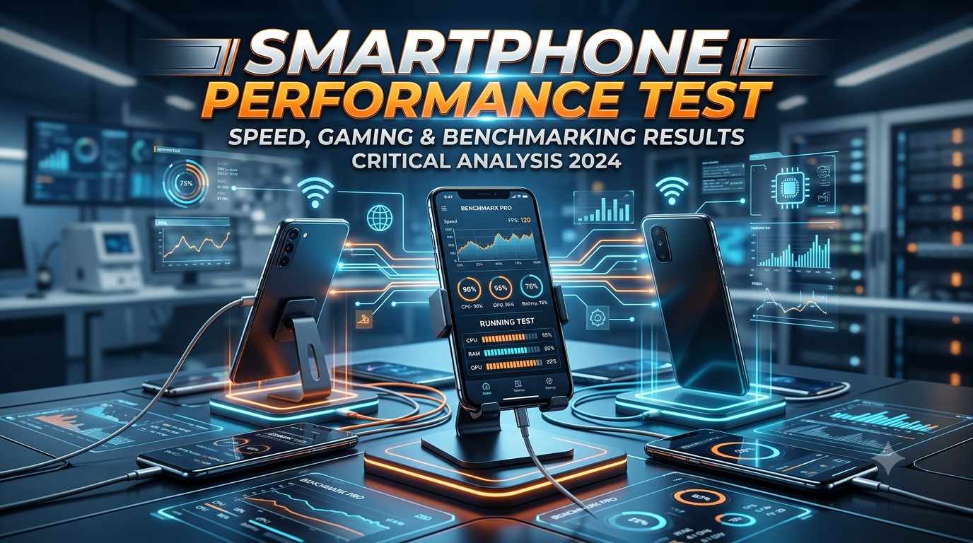 Graphic banner for a Smartphone Performance Test showing smartphones undergo speed, gaming, and benchmarking analysis in a futuristic lab