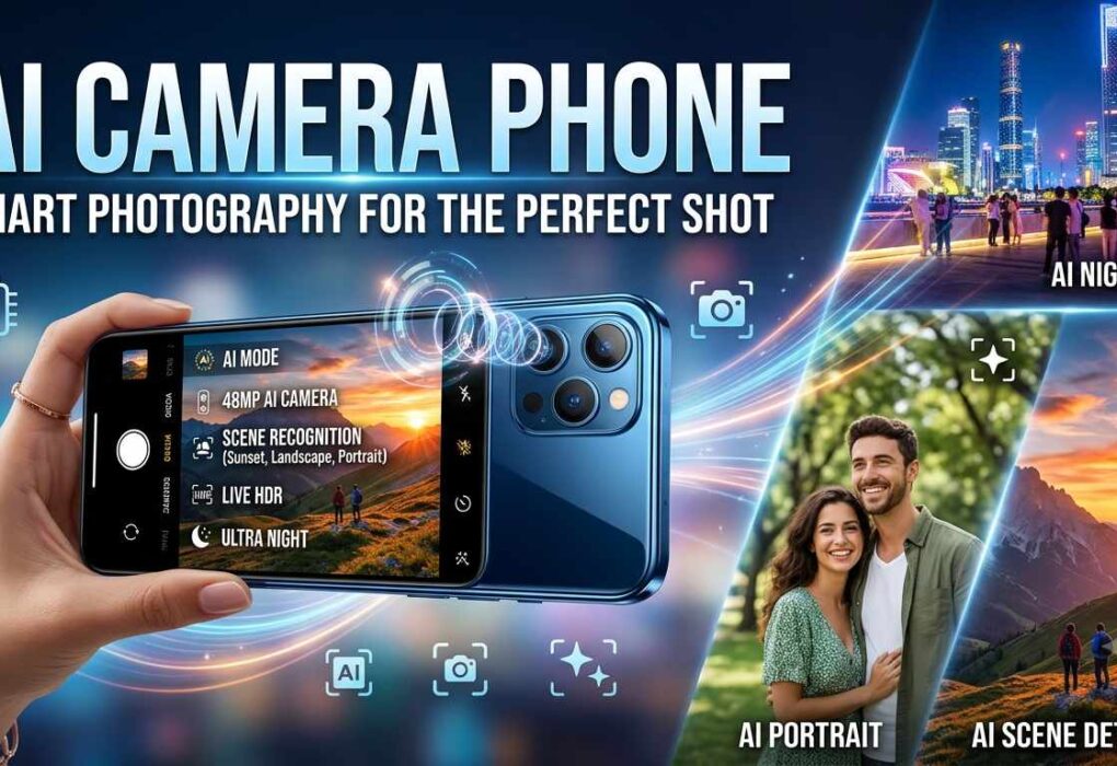 A promotional banner for an AI Camera Phone highlighting smart photography features like AI Night Mode, AI Portrait, and AI Scene Detection