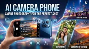 A promotional banner for an AI Camera Phone highlighting smart photography features like AI Night Mode, AI Portrait, and AI Scene Detection