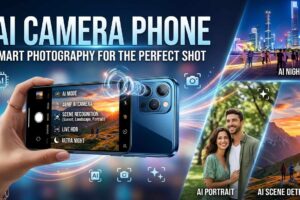 A promotional banner for an AI Camera Phone highlighting smart photography features like AI Night Mode, AI Portrait, and AI Scene Detection