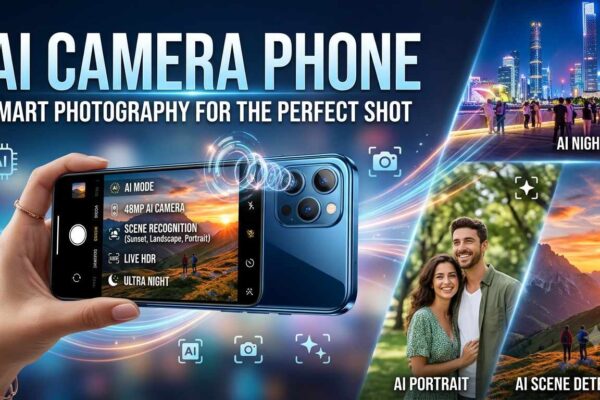 A promotional banner for an AI Camera Phone highlighting smart photography features like AI Night Mode, AI Portrait, and AI Scene Detection