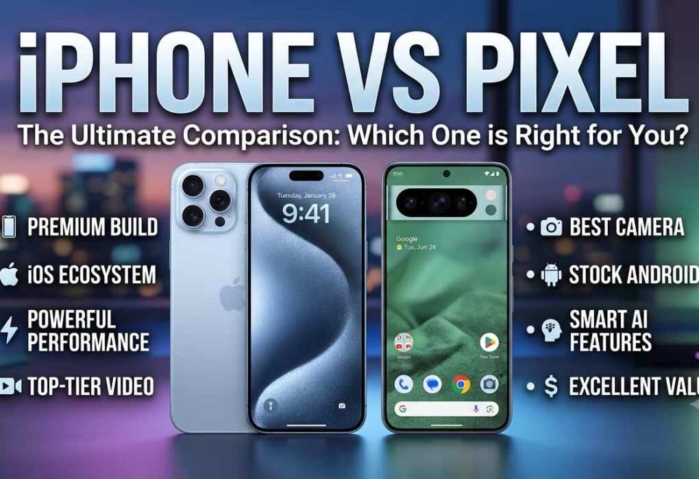 An iPhone vs Pixel comparison infographic featuring an iPhone and a Google Pixel phone, highlighting key features such as premium build, iOS ecosystem, best camera, and smart AI capabilities