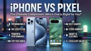 An iPhone vs Pixel comparison infographic featuring an iPhone and a Google Pixel phone, highlighting key features such as premium build, iOS ecosystem, best camera, and smart AI capabilities