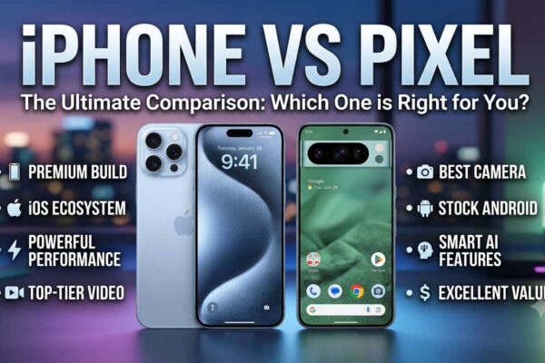 An iPhone vs Pixel comparison infographic featuring an iPhone and a Google Pixel phone, highlighting key features such as premium build, iOS ecosystem, best camera, and smart AI capabilities