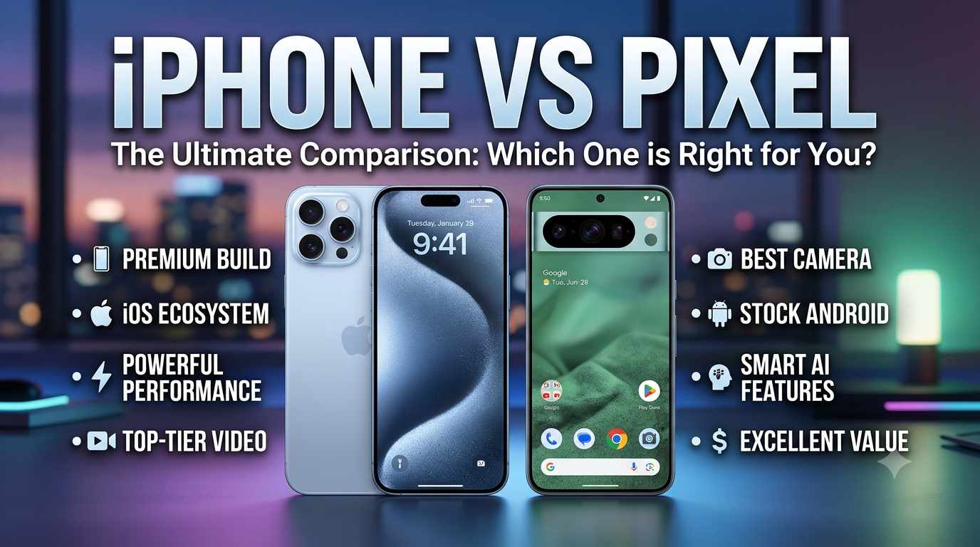 An iPhone vs Pixel comparison infographic featuring an iPhone and a Google Pixel phone, highlighting key features such as premium build, iOS ecosystem, best camera, and smart AI capabilities