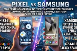 Pixel vs Samsung comparison banner showcasing Google Pixel 8 Pro on the left and Samsung Galaxy S24 Ultra on the right, highlighting clean Android software versus feature-rich multitasking