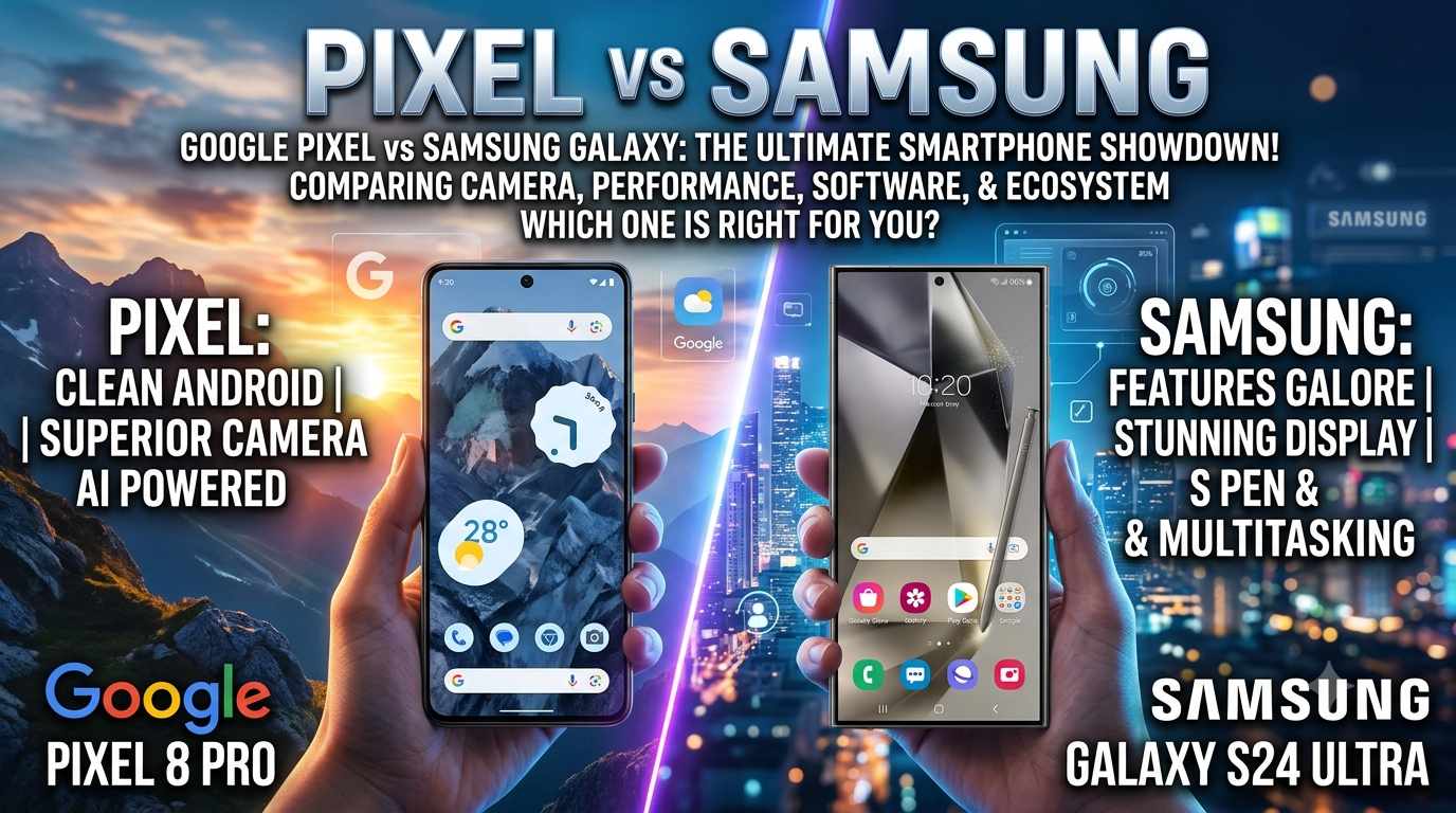 Pixel vs Samsung comparison banner showcasing Google Pixel 8 Pro on the left and Samsung Galaxy S24 Ultra on the right, highlighting clean Android software versus feature-rich multitasking