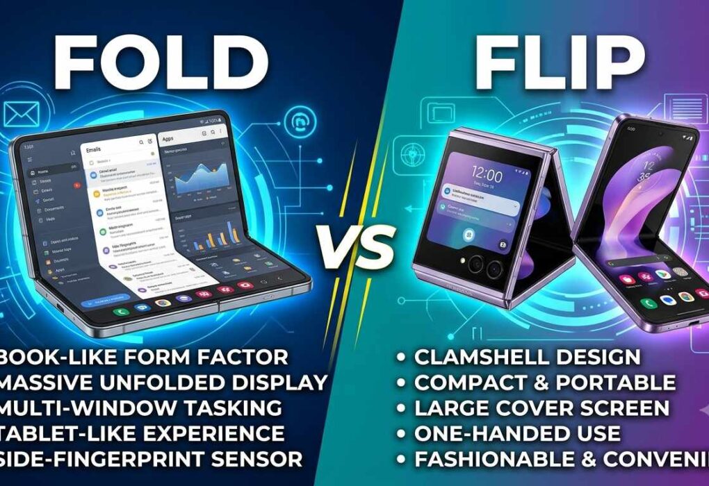 A comparison image titled 'Fold vs Flip' showing a book-style foldable smartphone on the left side with features like a massive unfolded display, and a clamshell-style flip smartphone on the right side highlighting its compact and portable design