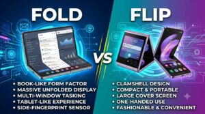 A comparison image titled 'Fold vs Flip' showing a book-style foldable smartphone on the left side with features like a massive unfolded display, and a clamshell-style flip smartphone on the right side highlighting its compact and portable design