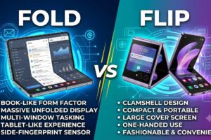 A comparison image titled 'Fold vs Flip' showing a book-style foldable smartphone on the left side with features like a massive unfolded display, and a clamshell-style flip smartphone on the right side highlighting its compact and portable design
