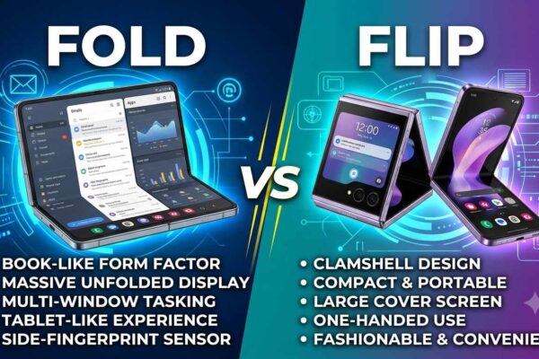 A comparison image titled 'Fold vs Flip' showing a book-style foldable smartphone on the left side with features like a massive unfolded display, and a clamshell-style flip smartphone on the right side highlighting its compact and portable design