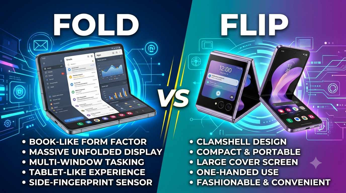 A comparison image titled 'Fold vs Flip' showing a book-style foldable smartphone on the left side with features like a massive unfolded display, and a clamshell-style flip smartphone on the right side highlighting its compact and portable design