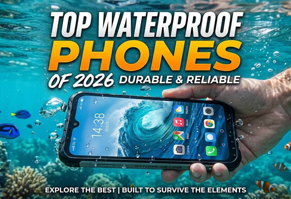 A hand holding a rugged smartphone underwater surrounded by coral reefs and small fish, showcasing a top waterproof phone of 2026 for durability and reliability