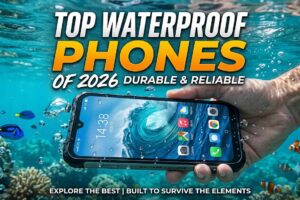 A hand holding a rugged smartphone underwater surrounded by coral reefs and small fish, showcasing a top waterproof phone of 2026 for durability and reliability