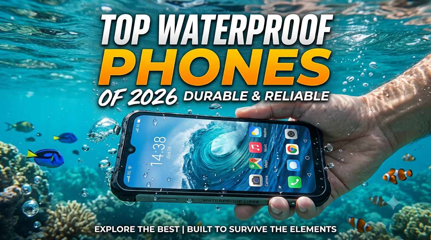 A hand holding a rugged smartphone underwater surrounded by coral reefs and small fish, showcasing a top waterproof phone of 2026 for durability and reliability