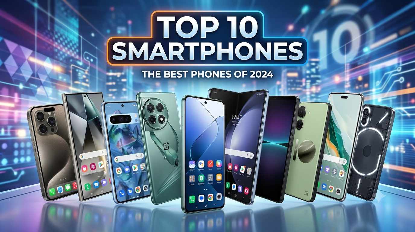 Lineup of Top 10 Smartphones showing latest Android and iPhone models