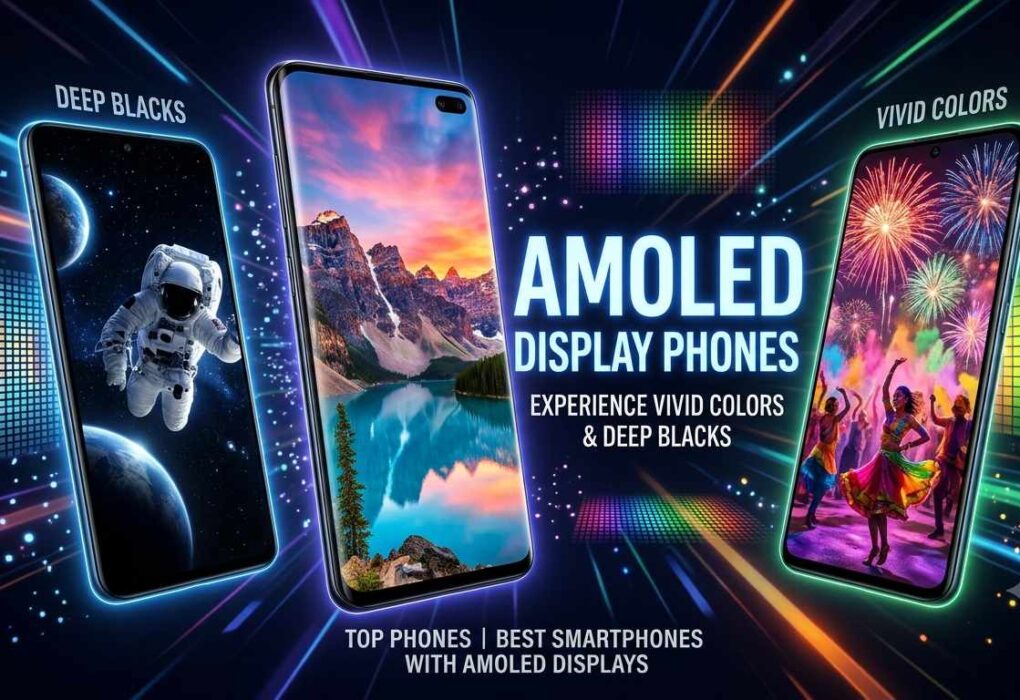 A promotional banner for AMOLED Display Phones showcasing three smartphones with vibrant wallpapers highlighting deep blacks and vivid colors against a glowing background
