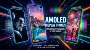 A promotional banner for AMOLED Display Phones showcasing three smartphones with vibrant wallpapers highlighting deep blacks and vivid colors against a glowing background
