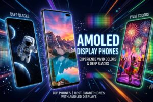 A promotional banner for AMOLED Display Phones showcasing three smartphones with vibrant wallpapers highlighting deep blacks and vivid colors against a glowing background