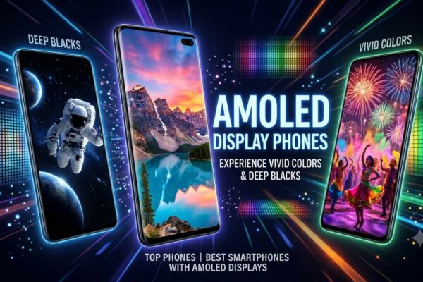 A promotional banner for AMOLED Display Phones showcasing three smartphones with vibrant wallpapers highlighting deep blacks and vivid colors against a glowing background