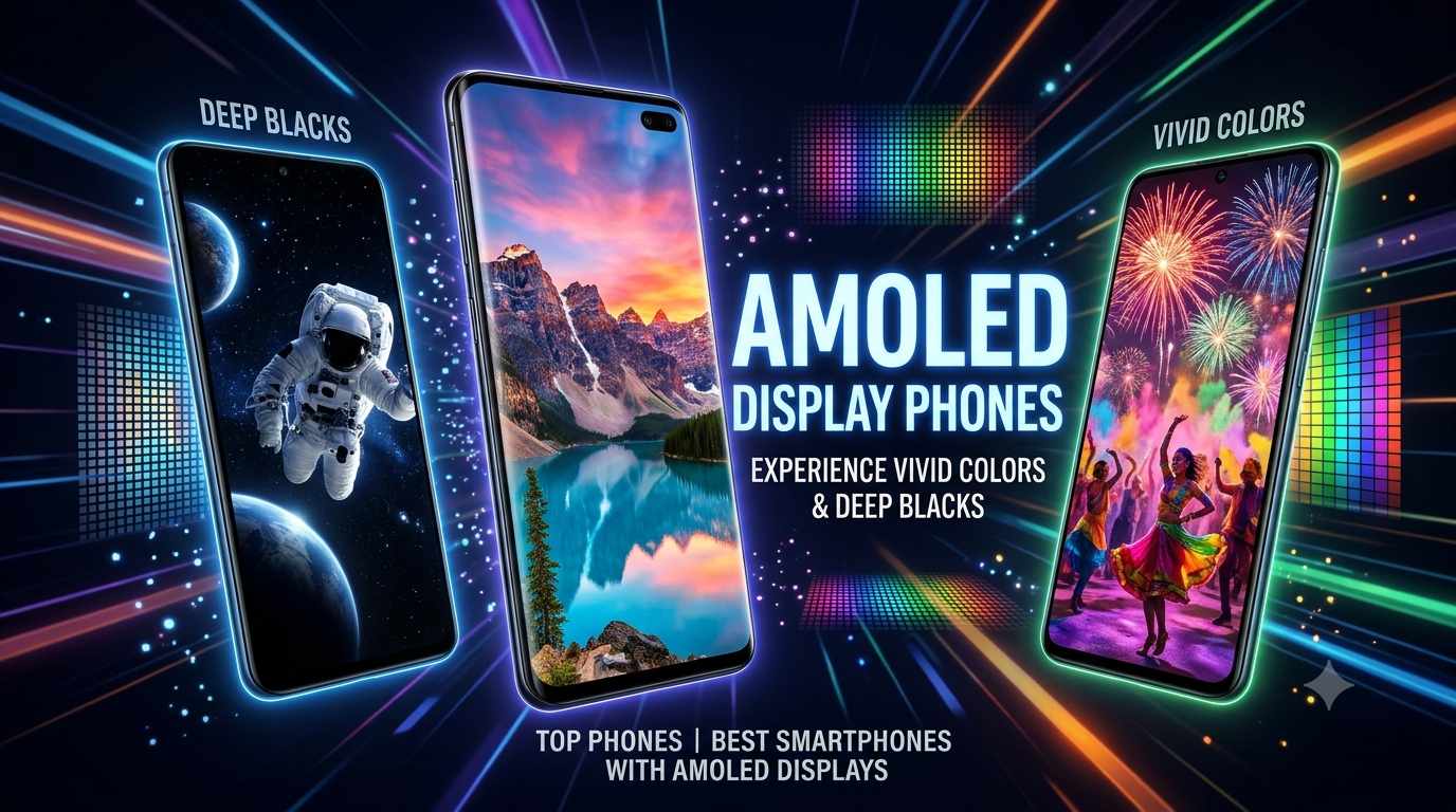 A promotional banner for AMOLED Display Phones showcasing three smartphones with vibrant wallpapers highlighting deep blacks and vivid colors against a glowing background